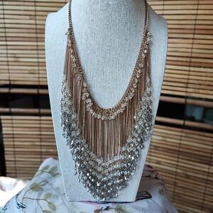 Elaborate Long Chain and Smoke and Clear Bicone Crystal Gold Tone Necklace Crown